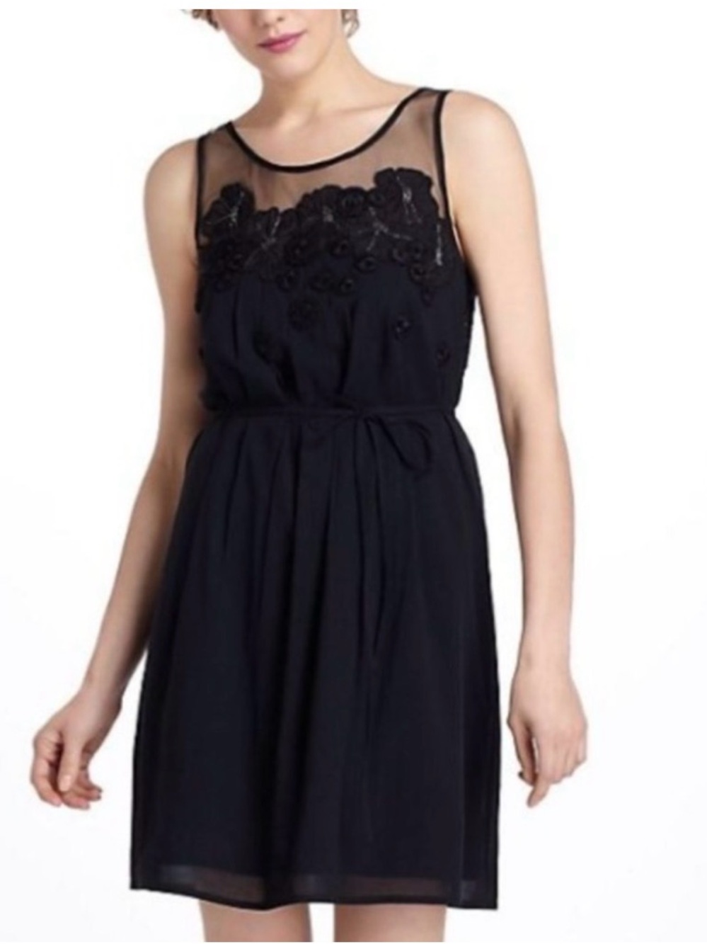 Like new Meadow Rue Black Sheer Yoke Mini Dress with Floral Applique size 12